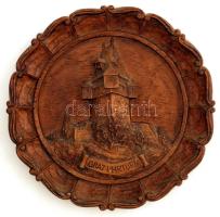 Graz Uhrturmot ábrázoló faragott fa fali tál, szép állapotban, d: 20 cm