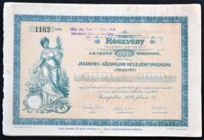Jászapáti 1923. "Jászapáti Gőzmalom Részvénytársaság" részvénye 200K-ról szelvényekkel, felülbélyegezéssel és szárazpecséttel T:II-