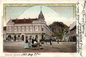 Déva, Főtér, Holtzer, Szőcs és Hirsch kereskedései; kiadja Hirsch Adolf / main square, shops, Art Nouveau