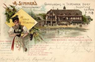 1898 Leipzig Ausstellung, Gemeindehaus im Thüringer Dorf, A. Simmer's Weinrestaurant / exposition buildings, litho