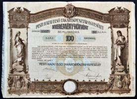 Budapest 1906. "Pesti Hazai Első Takarékpénztár-Egyesület" nyeremény-kötvénye 100K-ról, szárazpecséttel T:III