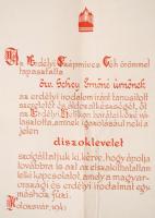 1943 Az Erdélyi Szépmíves Céh névre szóló díszoklevele Bánffy Miklós (1874-1950) író, grafikus, Kemé...