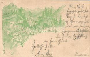 1899 Vienna, Wien; Jubiläums-Ausstellung, Brückner's Tiroler Weinwirtschaft / wine pub advertisement, floral