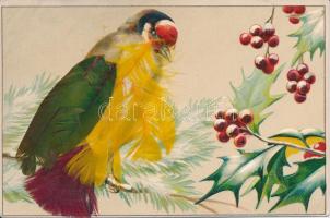 Beautiful bird with real feathers, Emb. litho art postcard