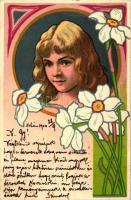 Lady, floral, Art Nouveau litho (fa)