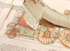 cca 1900 A MÁV I. n. típusú gyorsvonati mozdonya. Átnézeti rajz, többrétegű kihajtható részekkel, ré...