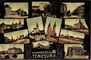 Temesvár, Józsefvárosi pályaudvar, Hunyadi kastély, zárda, Tűzoltó templom, Kossuth Lajos utca; Gyárváros Főtér, Római katolikus templom, Losonczy tér, színház / railway station, castle, convent, church, street, Main square, theatre (r)