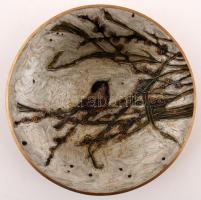 Madárkás zománcozott réz tál, szép állapotban, d: 20 cm