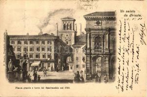 1790 Trieste, Piazza grande, torre del Mandracchio / square, tower (EK)