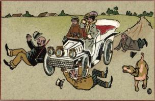 Humoros autós művészlap / Automobile, humouros art postcard