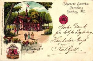 1897 Hamburg, Allgemeine Gartenbau Ausstellung, Pavillon der Bodega Gesellschaft / Gardening Expo, Pavilion of the Bodega winery society; Kunst-Anstalt Rosenblatt litho (EB)