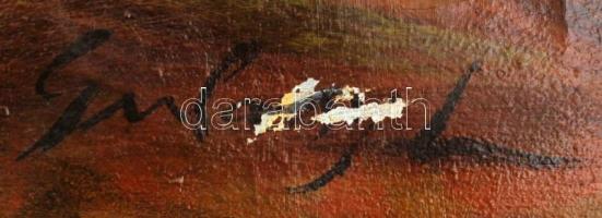 Olvashatatlan jelzéssel: Szerelmes pár. Olaj, vászon, sérült vászon, 52×72 cm