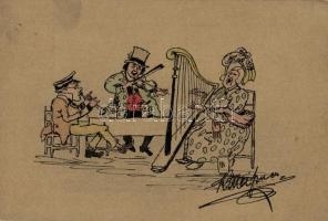 Humoros kézzel festett képeslap Karl Meissner jelzéssel / hand-painted art postcard, signed Karl Meissner