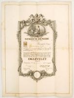 1916 A Nemzeti Zenede zongora tagozatos tanulmányok elvégzéséről kiállított díszes, nagyméretű oklevele, Tomka István (1855-1923) zongoraművész, zenepedagógus, Aggházy Károly (1855-1918) zeneszerző, zongoraművész, zenepedagógus, Rózsavölgyi Gyula (1822-1861) zeneműkiadó és Diósy Béla (1863-1930) hírlapíró, zenekritikus aláírásaival, 2 kr okmánybélyeggel /  1916 A richly ornated certification issued by the National Hungarian Conservatoire about finishing the pianist class, with the signatures of István Tomka (1855-1923) pianist, musical educator, Károly Aggházy (1855-1918) composer, pianist, musical educator, Gyula Rózsavölgyi (1822-1861) publisher for musical pieces and Béla Diósy (1863-1930) journalist, musical critic, with 2 Kreuzer document stamp