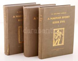 Siklóssy László: A magyar sport ezer éve. I-III. Budapest, 1927-1929, Országos testnevelési Tanács. 1.kötet: A magyar sport őskora. A legrégibb időtől Széchenyi István grófig. (kétszínnyomású festmények, metszetek, 1 t. kihajtható). 2. kötet: Széchenyi- Wesselényi és még egy nemzedék. 1820-1874. (kétszínnyomású ábrák, 2 színes). 3. kötet: A modern sport előkészítése. (színes feliratos hártyával). ( reprint levél, kétszínnyomású fotókkal). Egyedülálló munka a magyar sport életéből. Az első kötet a lovagi tornáknak, vadászatoknak szentel több fejezetet, míg a 2. kötet a lovassport fejlődését mutatja be. A 3. kötet a XIX. szd. utolsó harmadában divatossá váló, már olimpiai sportágakkal foglalkozik. Több száz rajz, fotó, festmény, reprint gazdagítja a köteteket. Aranyozott, kiadói egészvászon kötésben. Egyik kötet gerincén kis hiba, egyébként szép állapotban