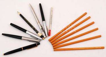 Parker márkájú és egyéb típusú tollak, töltőceruza, Koh-I-Noor ceruzák(6 db) fa dobozban, 22x14x6 cm