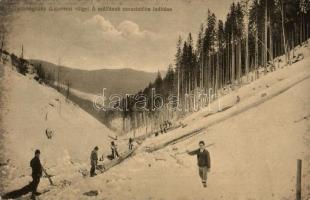 Tiszabogdány, Lipovicei völgy, Magyar Turista Egyesület Máramarosi Osztálya, szálfa csúsztatás; kiadja Benkő Vilmos / timber sliding, winter