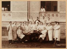 1904 A kolozsvári orvosi kar hallgatói boncolással pózolva tablófotó, hozzá szigorlati engedély boncoláshoz. / 1904 Cluj faculty for medicine. Photo posing on autopsy and licence for student for autopsy Photo image size 20x15 cm