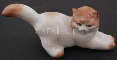 Porcelán cica, kézzel festett, hibátlan, jelzés nélkül, 13x5 cm