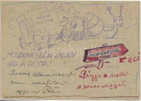 1943 Muszkaföldön lassan jár a posta. Kézzel festett lap tábori mozgóposta bélyegzővel Oroszországból /  1943 Field post PS card with drawing