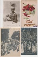 185 db RÉGI sérült motívumlap, érdekes darabokkal, lithoval, fotóval; művész, üdvözlő, folklór, kato...