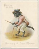 1888 Cica játék közben. Litho üdvözlőkártya hátoldalt feliratozva /  1888 Cat playing. Litho card 8x10 cm