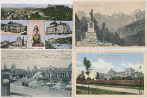 110 db RÉGI sérült külföldi városképes lap, érdekes darabokkal és lithokkal; több francia, német, os...