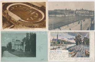 110 db RÉGI sérült külföldi városképes lap, érdekes darabokkal és lithokkal; több francia, német, os...