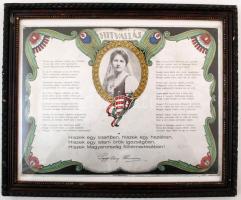 cca 1920 A Trianon után Papp-Váry Elemérné által megfogalmazott "Hiszekegy (Hitvallás)" fém lemezre nyomtatott díszes kiadása a költőnő arcképével, üvegezett keretben, 23x29 cm