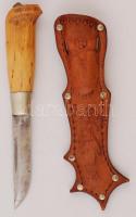 Vadász kés, csont markolattal, bőr hüvelyben, h:18 cm