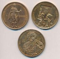 Kiss Sándor (1925-1999) 1984. "Szombathelyi Képtárépítő Egyesület / Derkovits Gyula" Br emlékérem + Nagy Lajos (1949-) 1987. "MÉE Szabolcs-Szatmár megyei szervezet / V. Ferdinánd - 150 éves Nyíregyháza" Br emlékérem (42mm) + 1988. "200 éve született Kisfaludy Károly 1788-1988 / Bizton nézzen előre szemünk. Radnóti Társaság Győr" Br emékérem. Szign.:LT (42mm) T:2