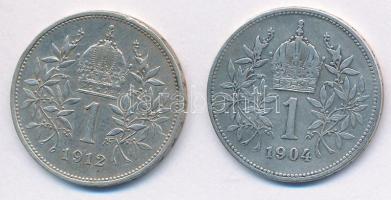 Ausztria 1904-1912. 1K Ag "Ferenc József" (2x) egyik vésett fejű T:2- Austria 1904-1912. 1 Corona Ag "Franz Joseph" (2x) one with graven head C:VF