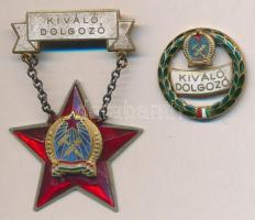 ~1950. "Kiváló Dolgozó" Rákosi-címeres zománcozott fém kitüntetés tokban + "Kiváló Dolgozó" Rákosi-címeres zománcozott fém jelvény T:2 címer elcsúszott, tű hiányzik