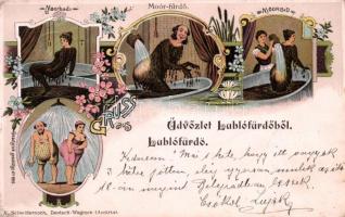 Lublófürdő, Lubovna; Moórfürdő, humoros képeslap / Moorbad / moorish spa, humour; A. Schwidernoch floral litho