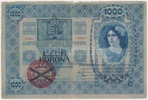 1902. 1000K áthúzott, hamis piros "Magyarország" körbélyegzővel és a hamis körbélyegzőről szóló bélyegzéssel / fake overprint T:III,III-