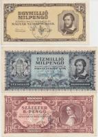 1946. 1.000.000MP + 10.000.000MP + 100.000BP mindhárom "Magyar Megújulás Pártja Egyházfa" felülbélyegzéssel T:I-,III