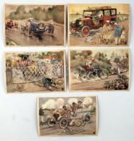 1956 Autóval kapcsolatos szórakoztató jelenetek eredeti illusztrációinak nyomtatott, kartonra kasírozott másolatai, 5 db, 31x22 cm