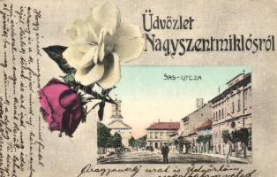 Nagyszentmiklós, Sannicolau Mare; Sas utca / Street, floral (EB)