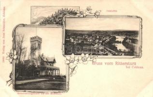 Rittersturz bei Coblenz, Restaurationsgebäude auf dem Rittersturz; Verlag von Jean Schneider / lookout site, restaurant, floral (Rb)