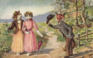 Cat ladies, fox gentleman, Kunstverlag "Palette" Serie 590. 6. Dess., artist signed (EB)