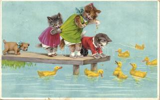 Cat girls, dog, ducks, Novolito litho (EK)