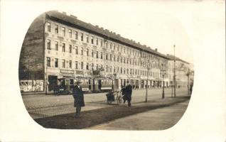 Budapest IX. Haller utca, Gát utca; Étkezde, Weisz Mór és Feith Mór üzlete, villamos, photo (kis szakadás / small tear)