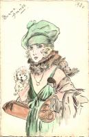 Lady with dog, New Year, hand-painted art postcard (EK)