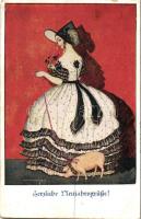 New Year, Lady, pig, Deutscher Schulverein Karte Nr. 1124. s: Mela Koehler (EB)