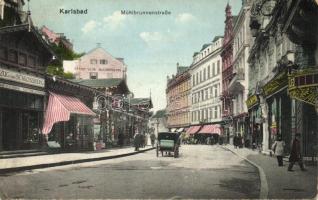 Karlovy Vary, Karlsbad; Mühlbrunnenstrasse, Stark'sche Buchhandlung / street, shop of Albert Epstein  (Rb)