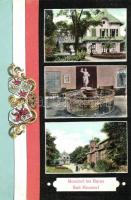 Mondorf-les-Bains, Bad Mondorf; spa, fountain, coat of arms, flag