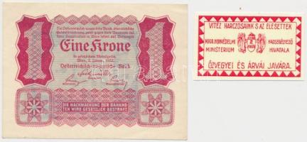 Budapest ~1914-1919. 2f "M. Kir. Honvédelmi Minisztérium Hadsegélyező Hivatala", "Özvegyei és Árvái Javára" + Osztrák-Magyar Bank 1922. 1K "Olla" reklám pecséttel a hátoldalán T:I-