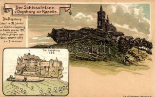 Dagsbourg, Dagsburg; Schlossfelsen mit Kapelle / castle ruins, chapel, litho