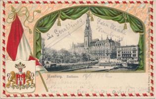 Hamburg, Rathaus; Verlag von J. Junginger / town hall, flag, coat of arms Emb. litho frame