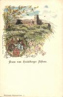 Heidelberg, Schloss; Verlag v. Edmund von König / castle, floral coat of arms litho s: H. Hoffmann
